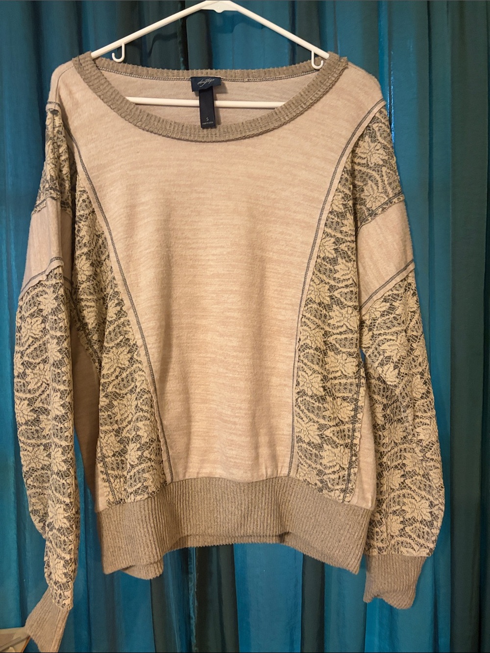 Daytrip Beige Crewneck Sweater with Lace-Style Paneling